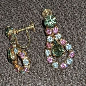 Vintage Pink and White Rhinestone Screw Back Earrings